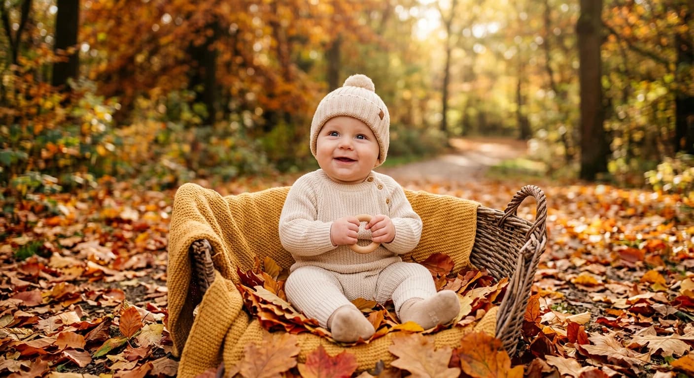Smiling baby in a cream knit sweater and pom-pom hat sitting in a wicker basket lined with a mustard blanket, surrounded by autumn leaves — MamaCare fall baby essentials